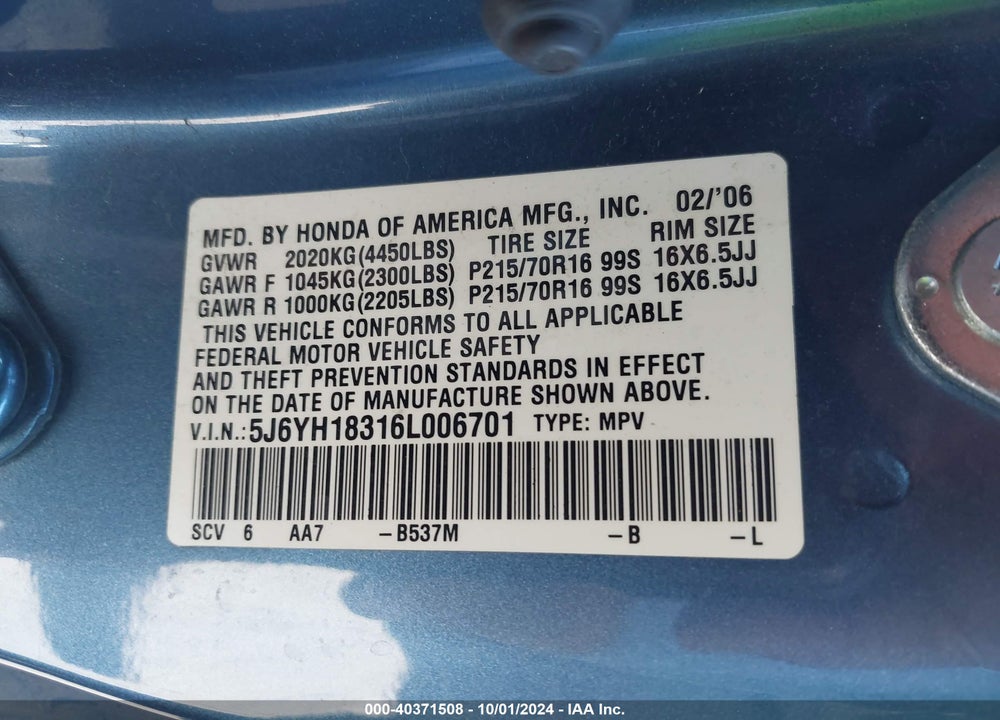 2006 HONDA ELEMENT LX VIN: 5J6YH18316L006701