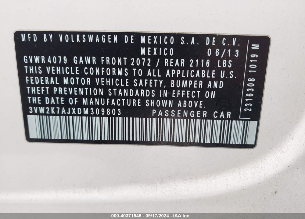 2013 VOLKSWAGEN JETTA 2.0L BASE/2.0L S VIN: 3VW2K7AJXDM309803