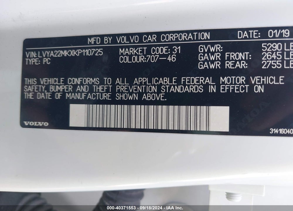 2019 VOLVO S90 VIN: LVYA22MKXKP110725