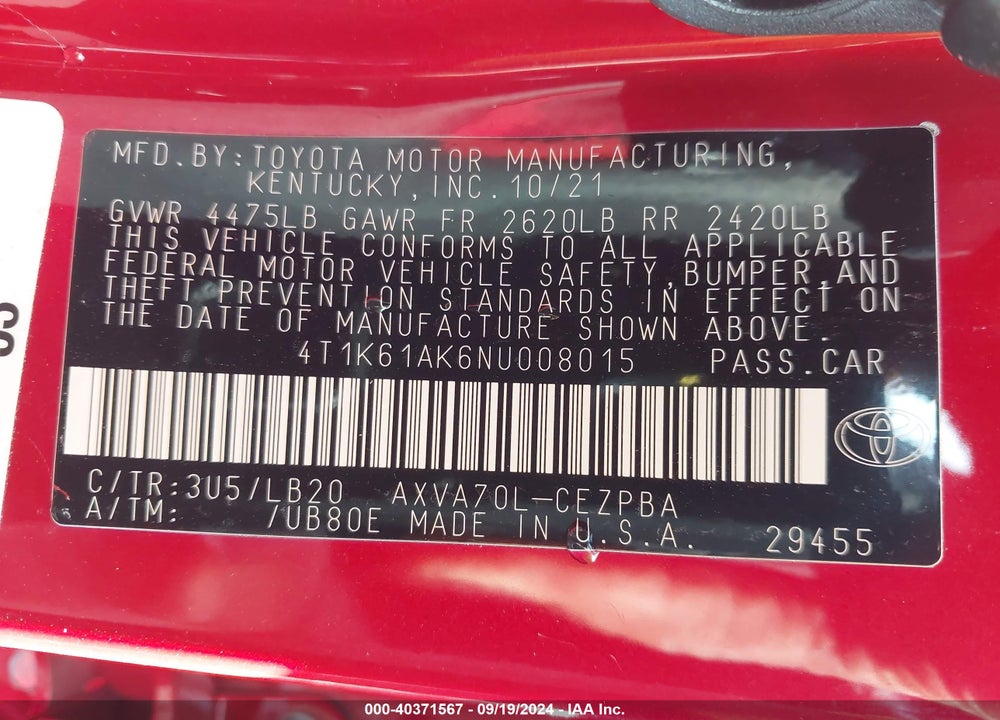 2022 TOYOTA CAMRY XSE VIN: 4T1K61AK6NU008015