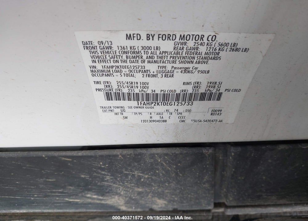 2014 FORD TAURUS SHO VIN: 1FAHP2KT0EG125733