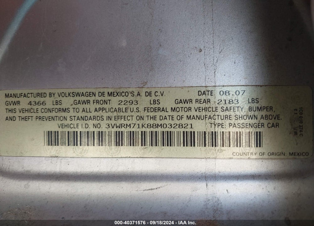 2008 VOLKSWAGEN JETTA SE/SEL VIN: 3VWRM71K88M032821