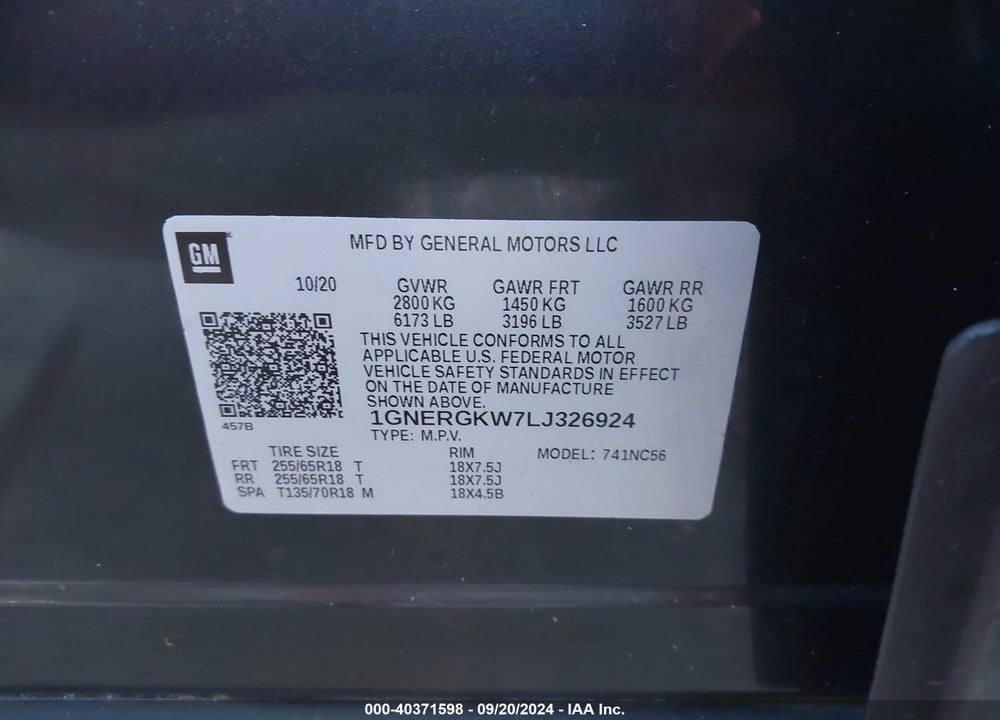 2020 CHEVROLET TRAVERSE FWD LT CLOTH VIN: 1GNERGKW7LJ326924