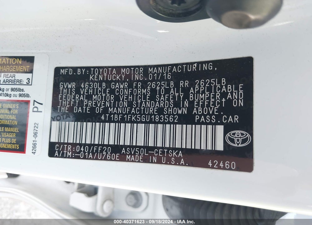 2016 TOYOTA CAMRY SE VIN: 4T1BF1FK5GU183562