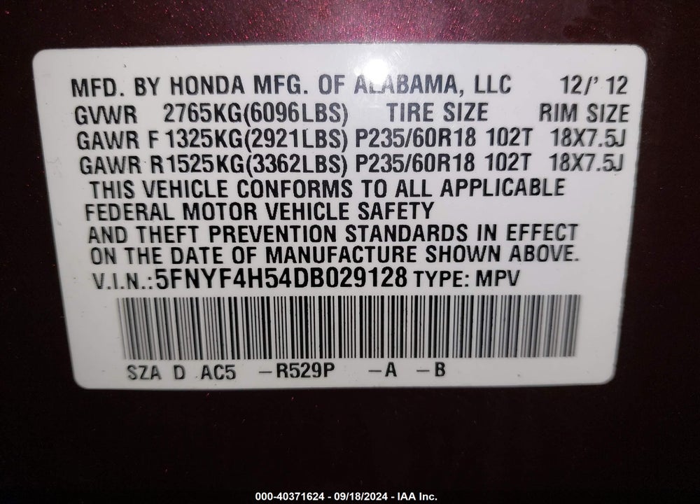2013 HONDA PILOT EX-L VIN: 5FNYF4H54DB029128