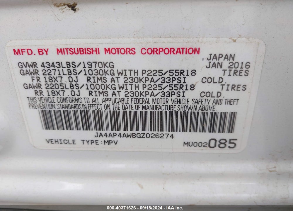 2016 MITSUBISHI OUTLANDER SPORT 2.4 GT VIN: JA4AP4AW8GZ026274