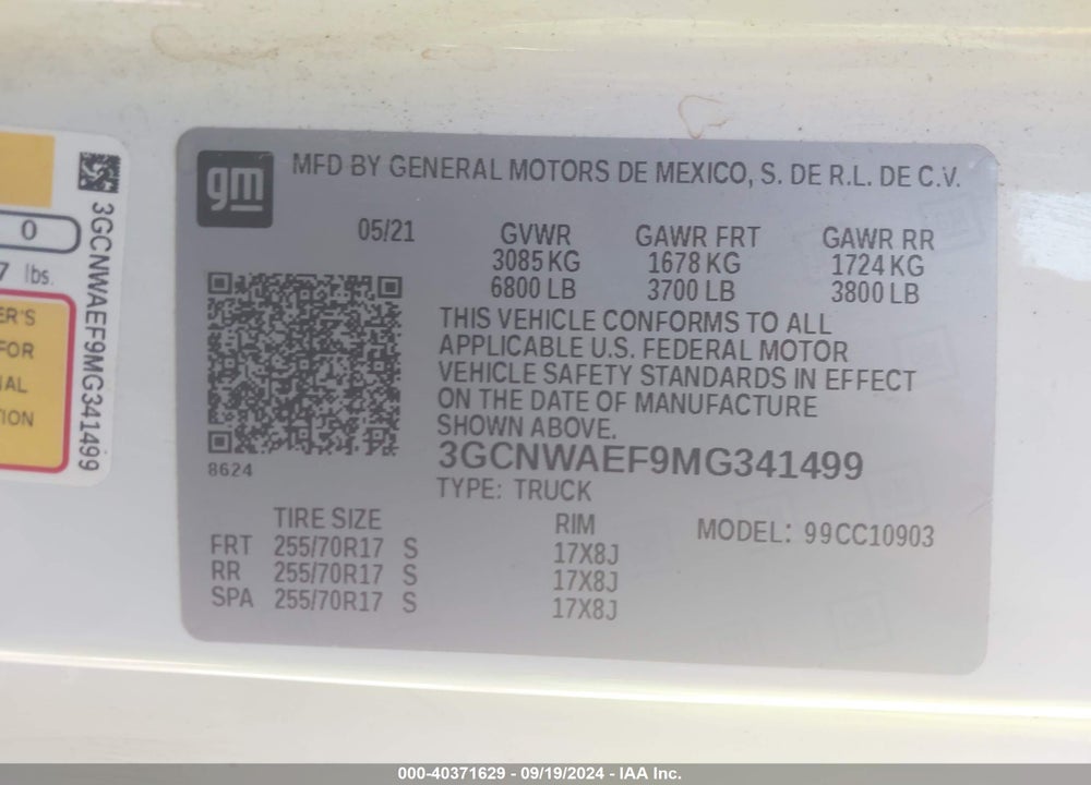 2021 CHEVROLET SILVERADO 1500 2WD REGULAR CAB LONG BED WT VIN: 3GCNWAEF9MG341499