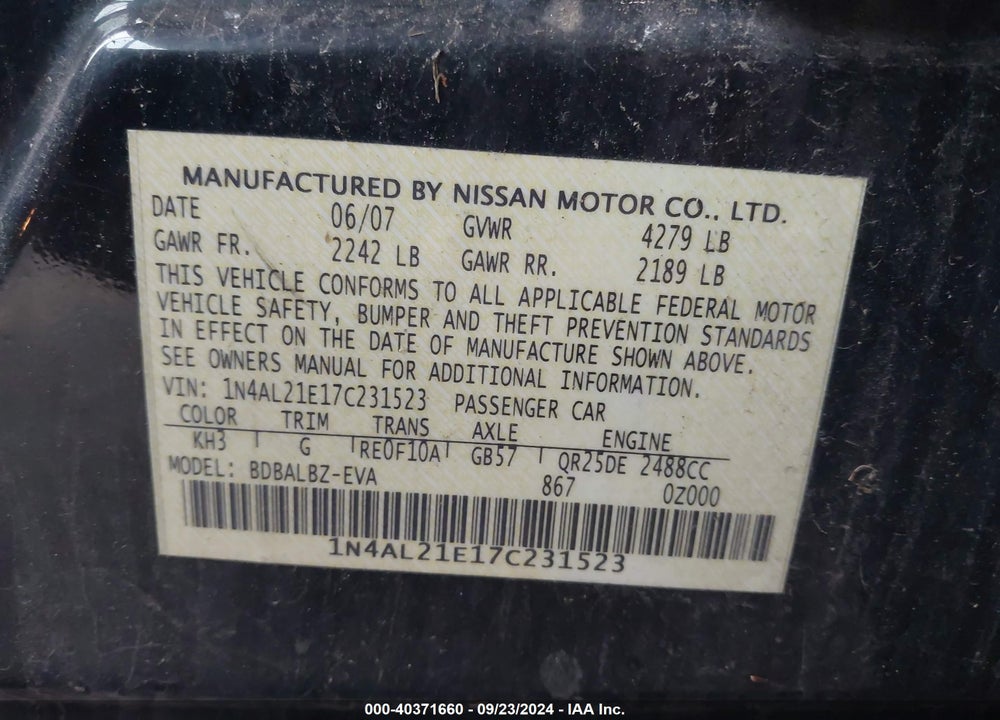 2007 NISSAN ALTIMA 2.5 S VIN: 1N4AL21E17C231523