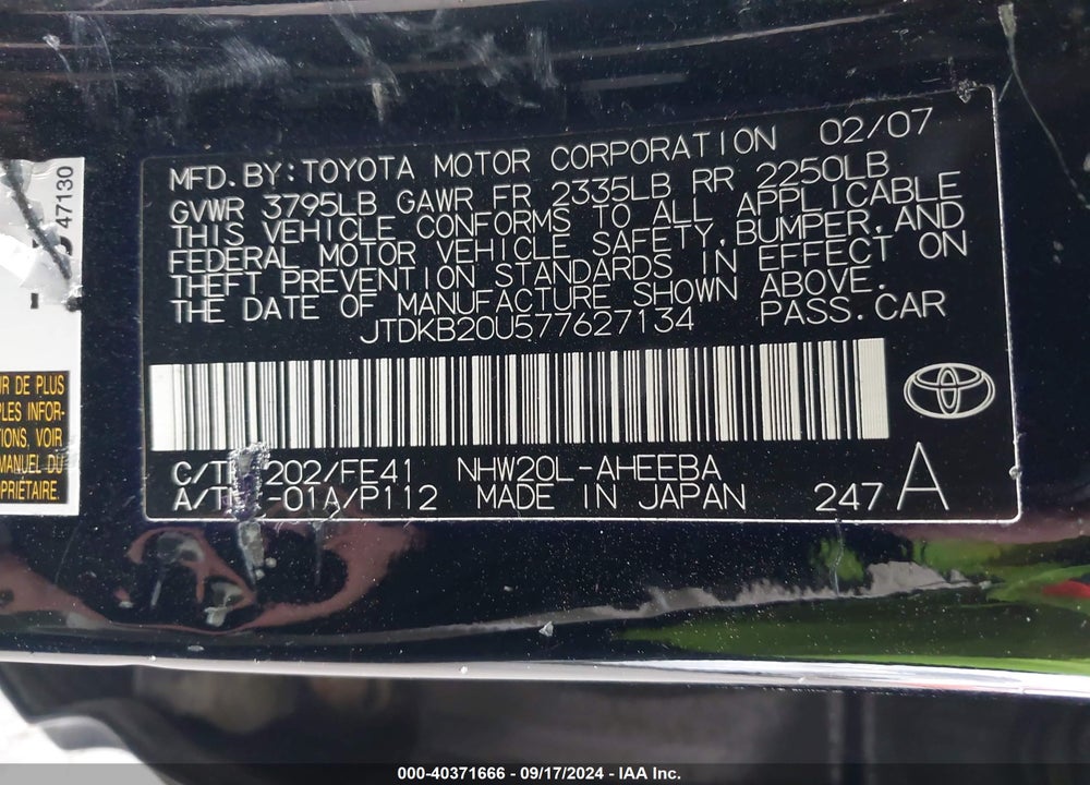 2007 TOYOTA PRIUS VIN: JTDKB20U577627134