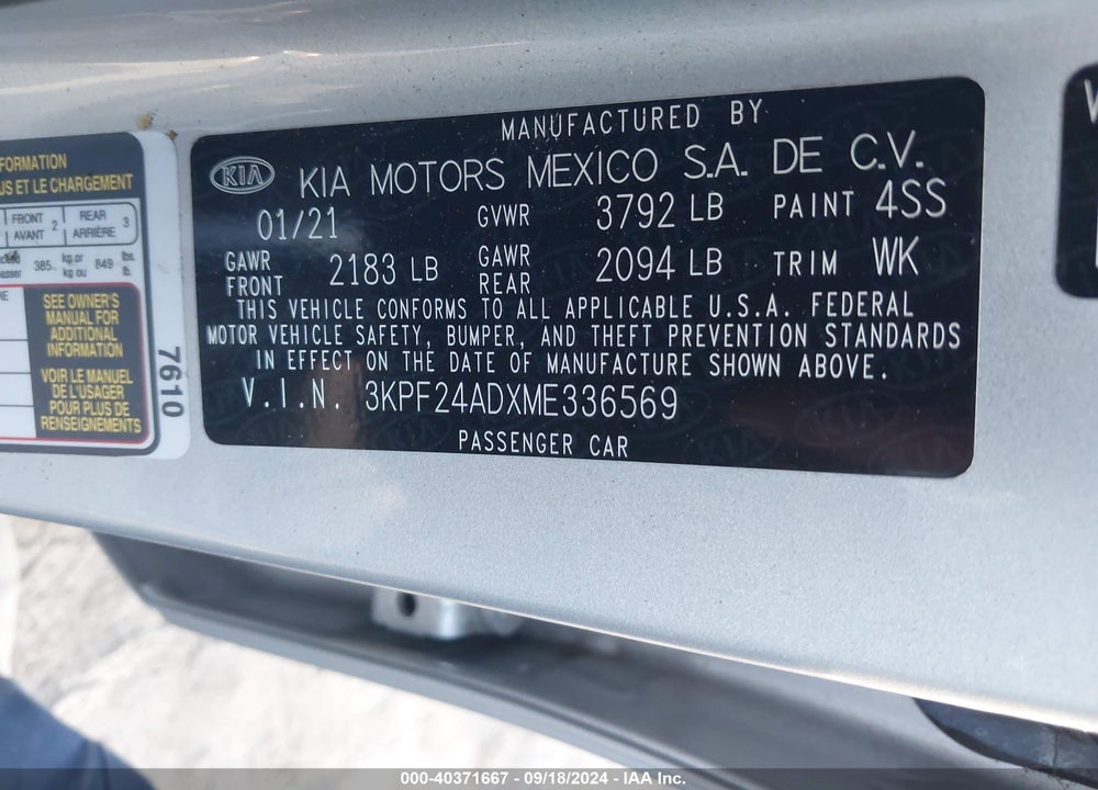 2021 KIA FORTE LXS VIN: 3KPF24ADXME336569