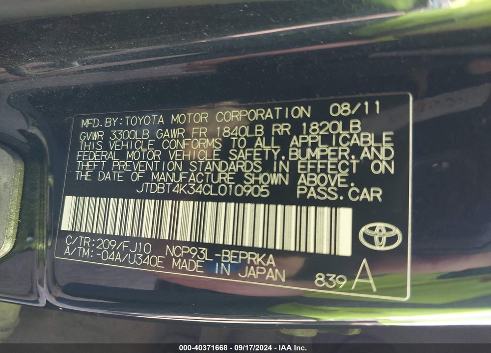 2012 TOYOTA YARIS VIN: JTDBT4K34CL010905
