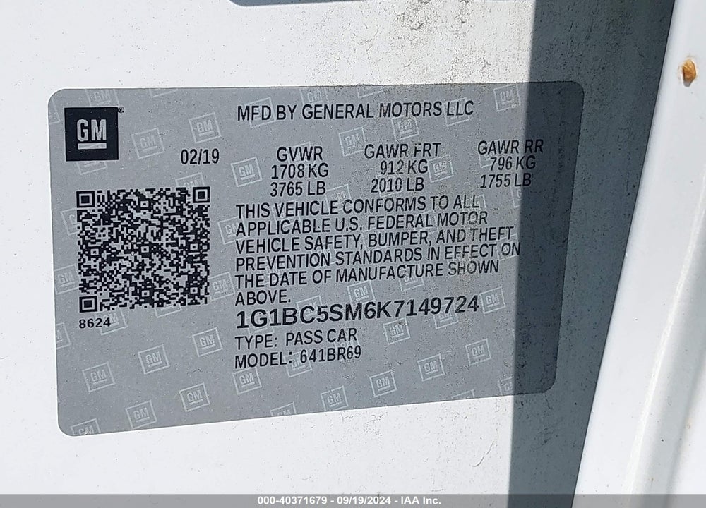 2019 CHEVROLET CRUZE LS VIN: 1G1BC5SM6K7149724
