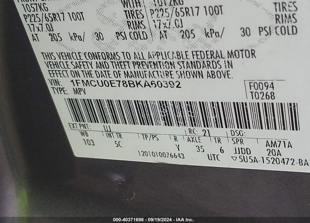 2011 FORD ESCAPE LIMITED VIN: 1FMCU0E78BKA60392