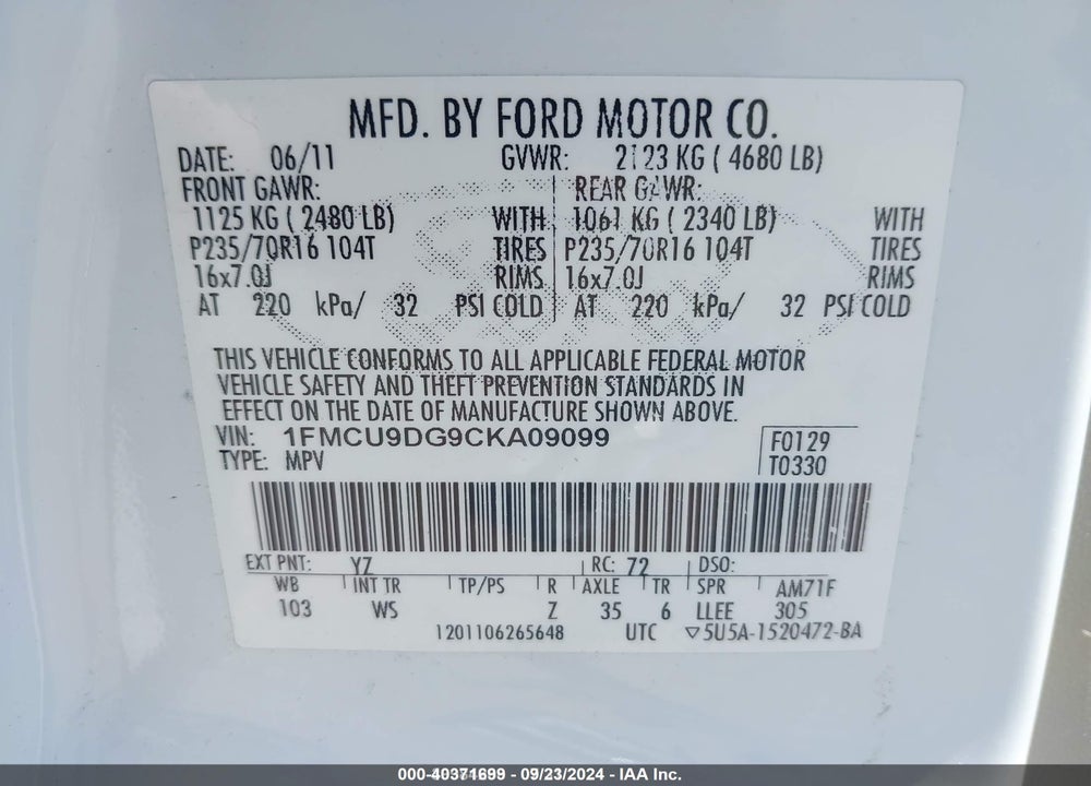2012 FORD ESCAPE VIN: 1FMCU9DG9CKA09099