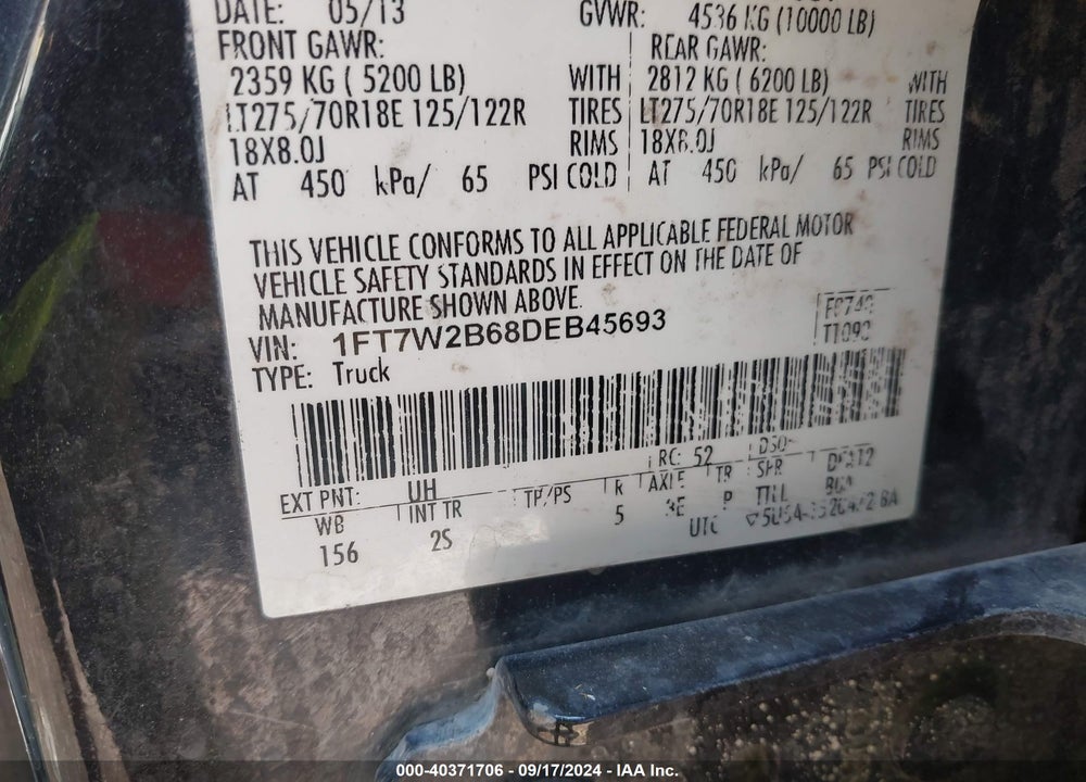 2013 FORD F-250 XLT VIN: 1FT7W2B68DEB45693