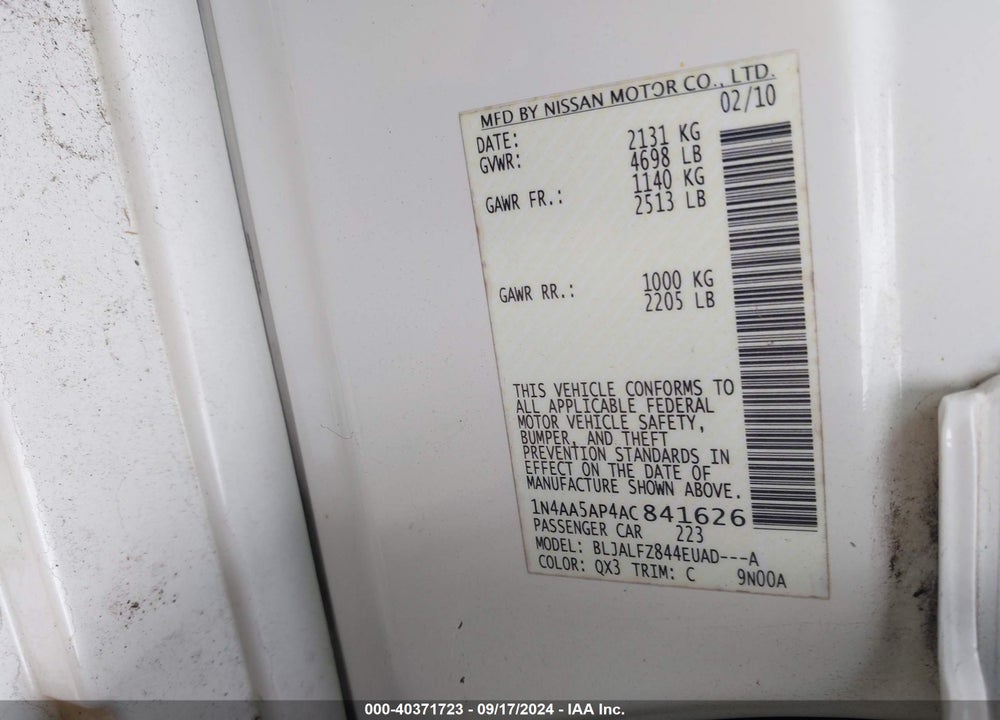 2010 NISSAN MAXIMA 3.5 SV VIN: 1N4AA5AP4AC841626