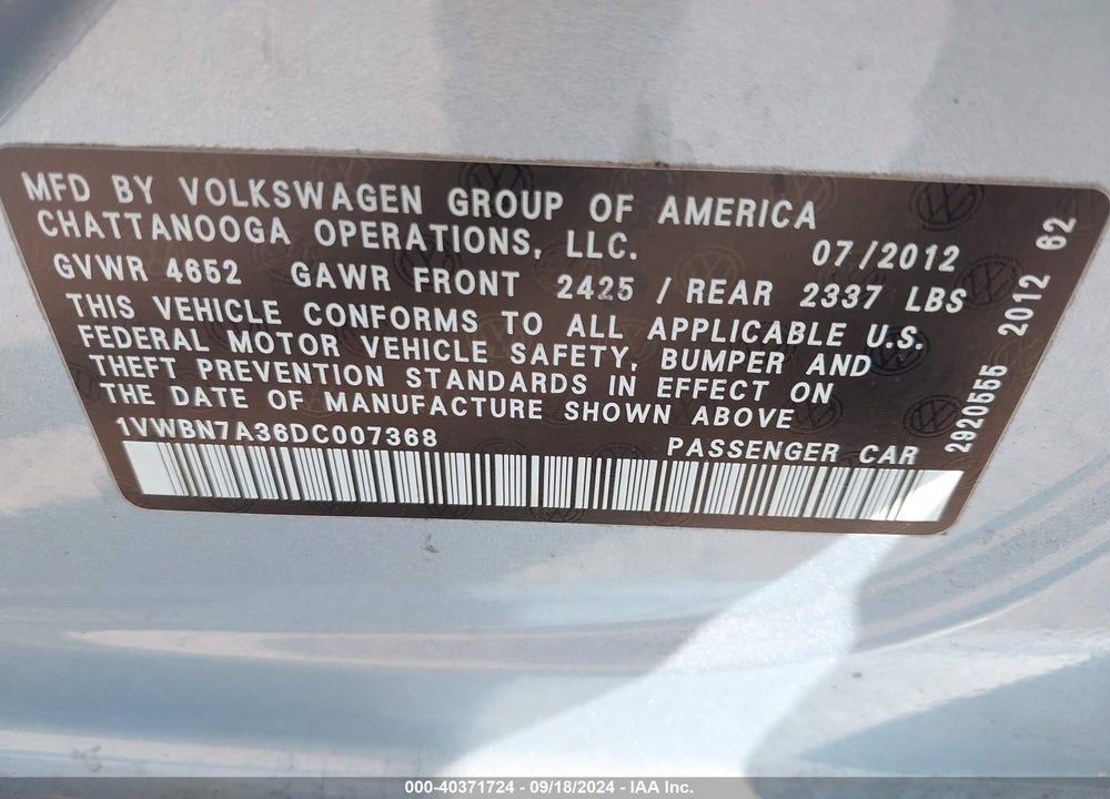 2013 VOLKSWAGEN PASSAT 2.0L TDI SE VIN: 1VWBN7A36DC007368