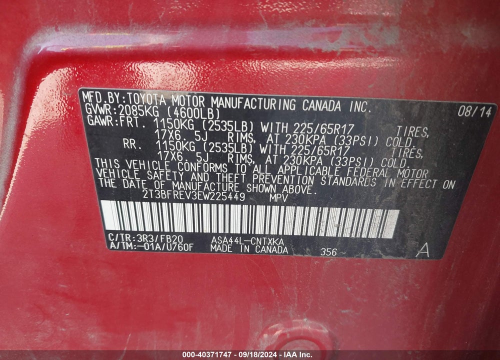 2014 TOYOTA RAV4 VIN: 2T3BFREV3EW225449