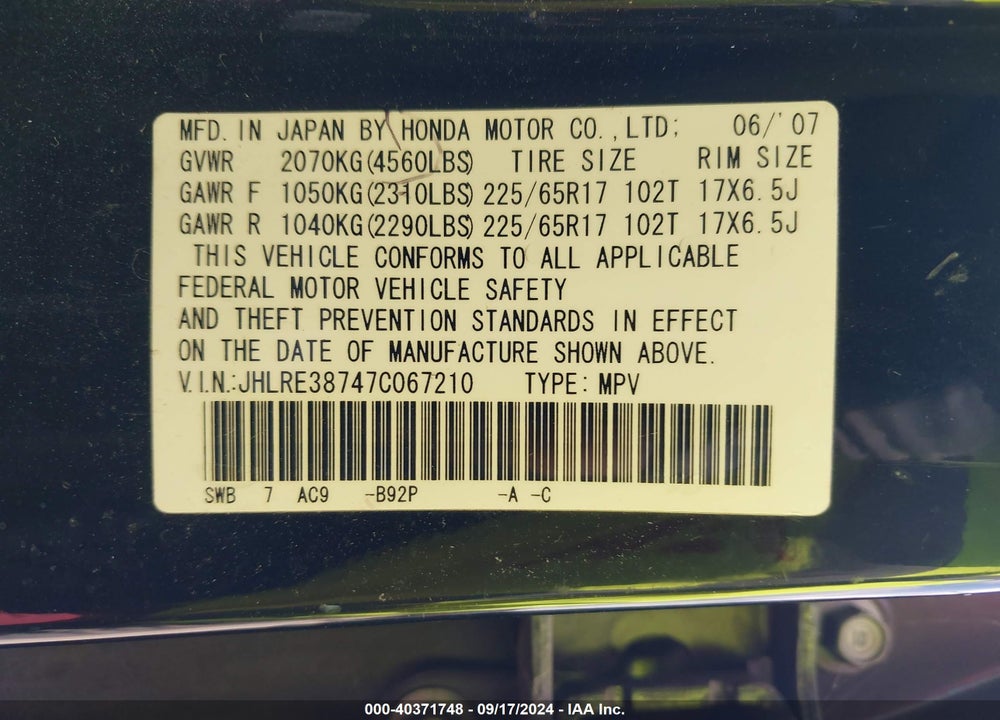 2007 HONDA CR-V EX-L VIN: JHLRE38747C067210