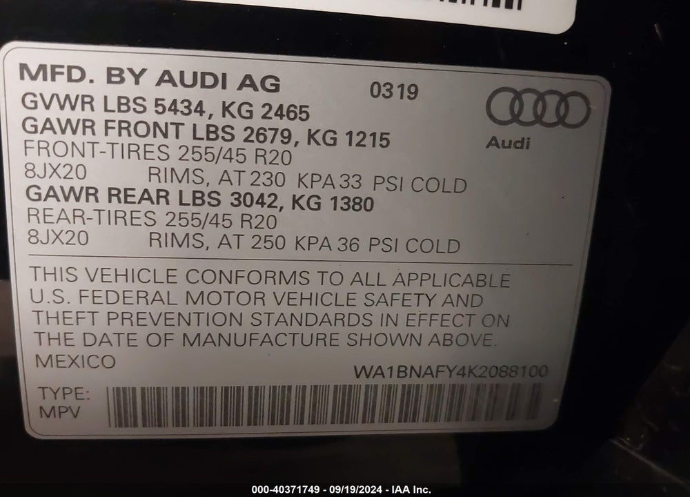 2019 AUDI Q5 45 PREMIUM VIN: WA1BNAFY4K2088100