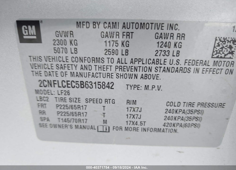 2011 CHEVROLET EQUINOX LS VIN: 2CNFLCEC5B6315842