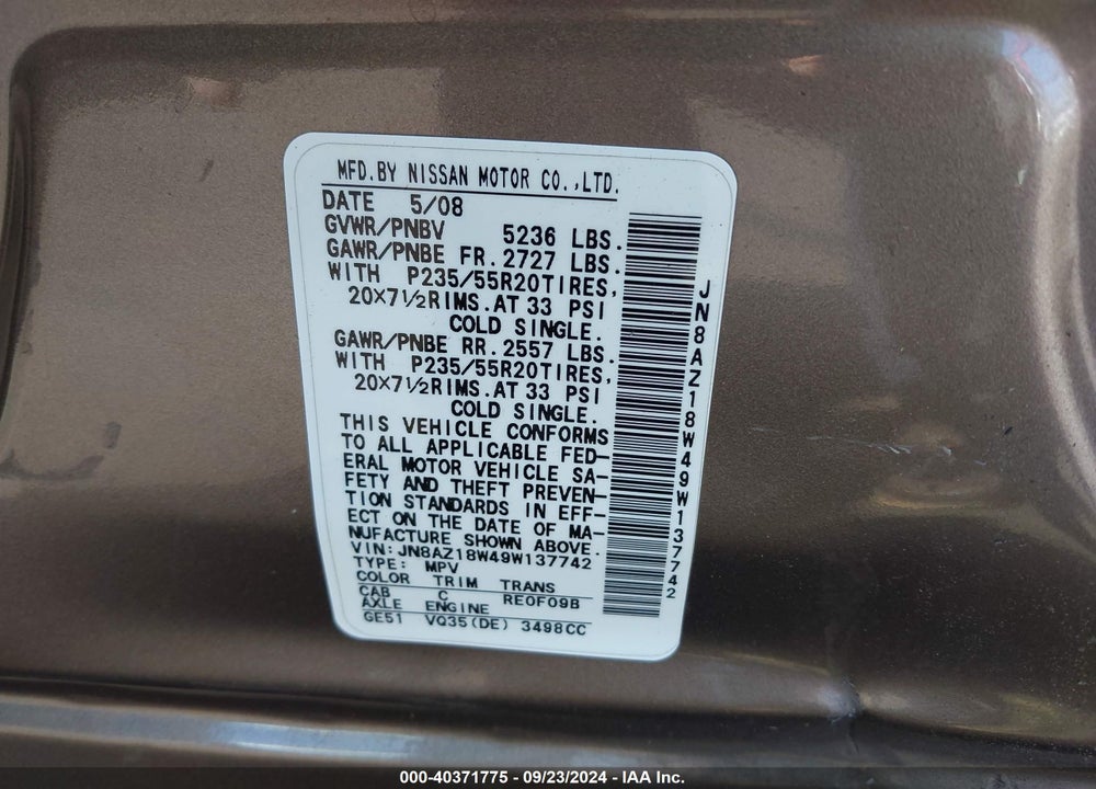 2009 NISSAN MURANO LE VIN: JN8AZ18W49W137742