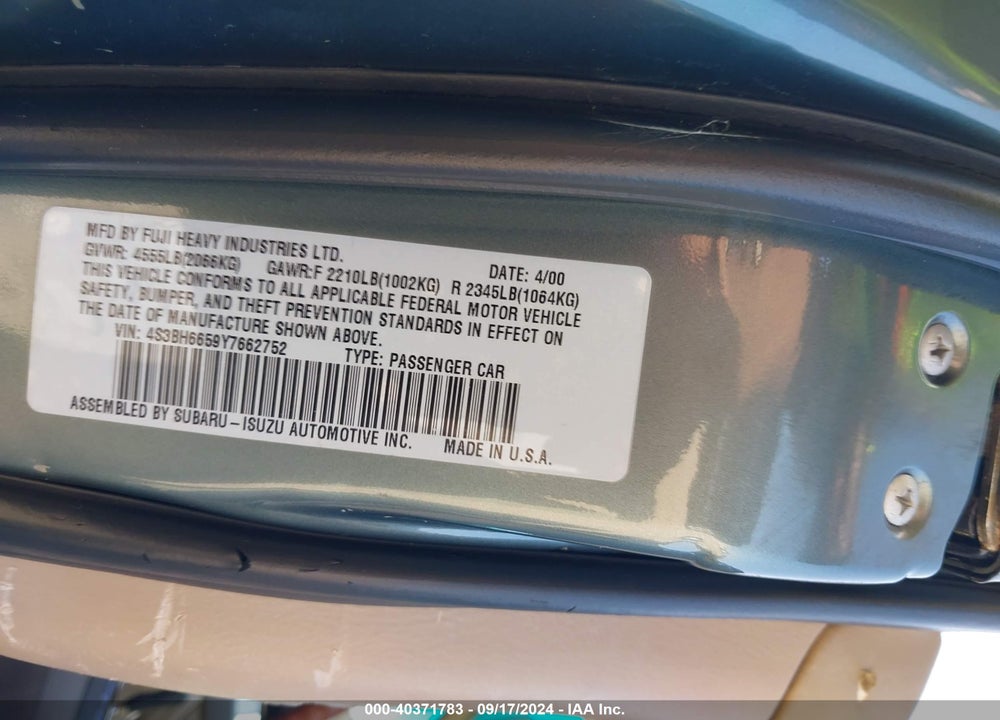 2000 SUBARU OUTBACK VIN: 4S3BH6659Y7662752