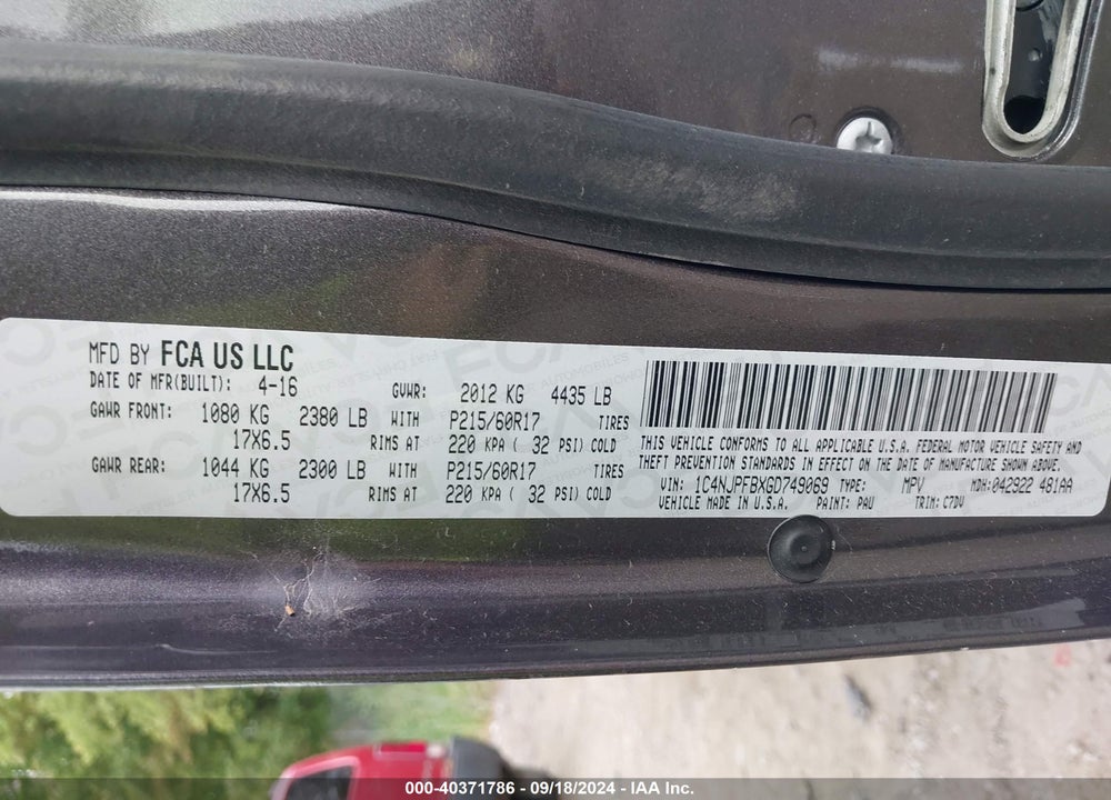 2016 JEEP PATRIOT LATITUDE VIN: 1C4NJPFBXGD749069