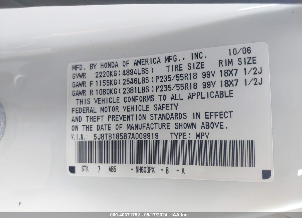 2007 ACURA RDX VIN: 5J8TB18587A009919