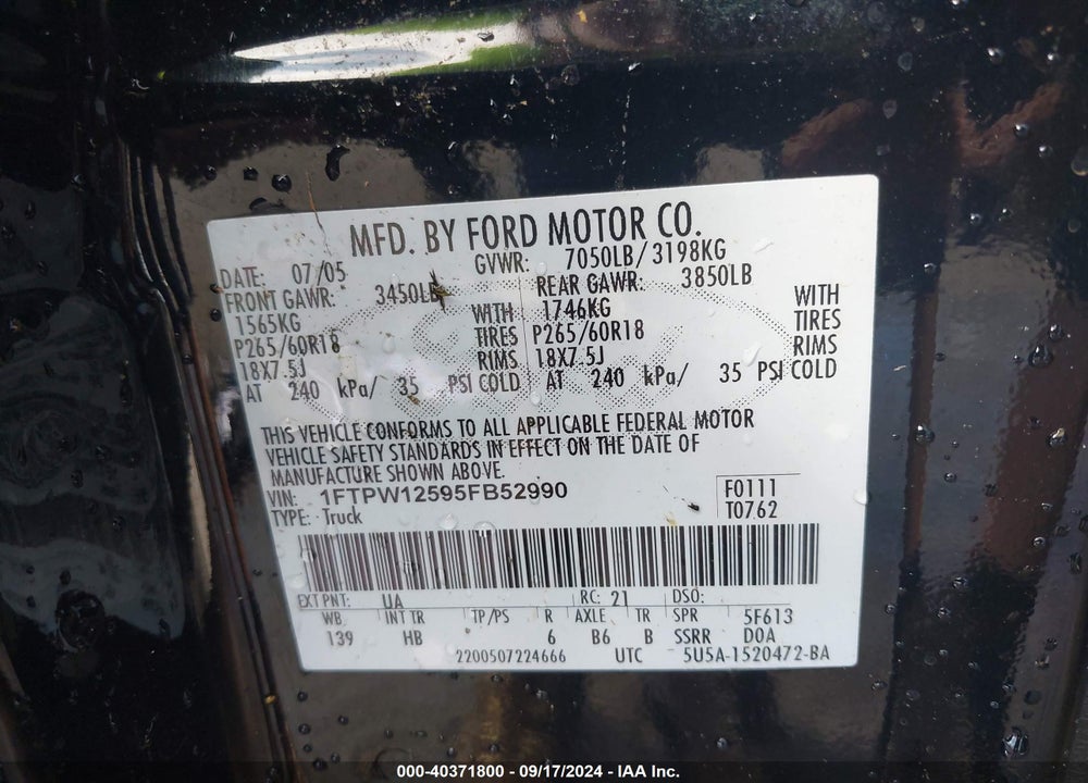 2005 FORD F-150 LARIAT/XLT VIN: 1FTPW12595FB52990