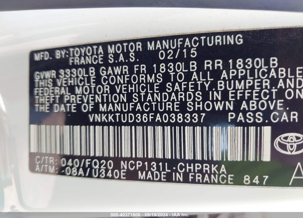 2015 TOYOTA YARIS L VIN: VNKKTUD36FA038337
