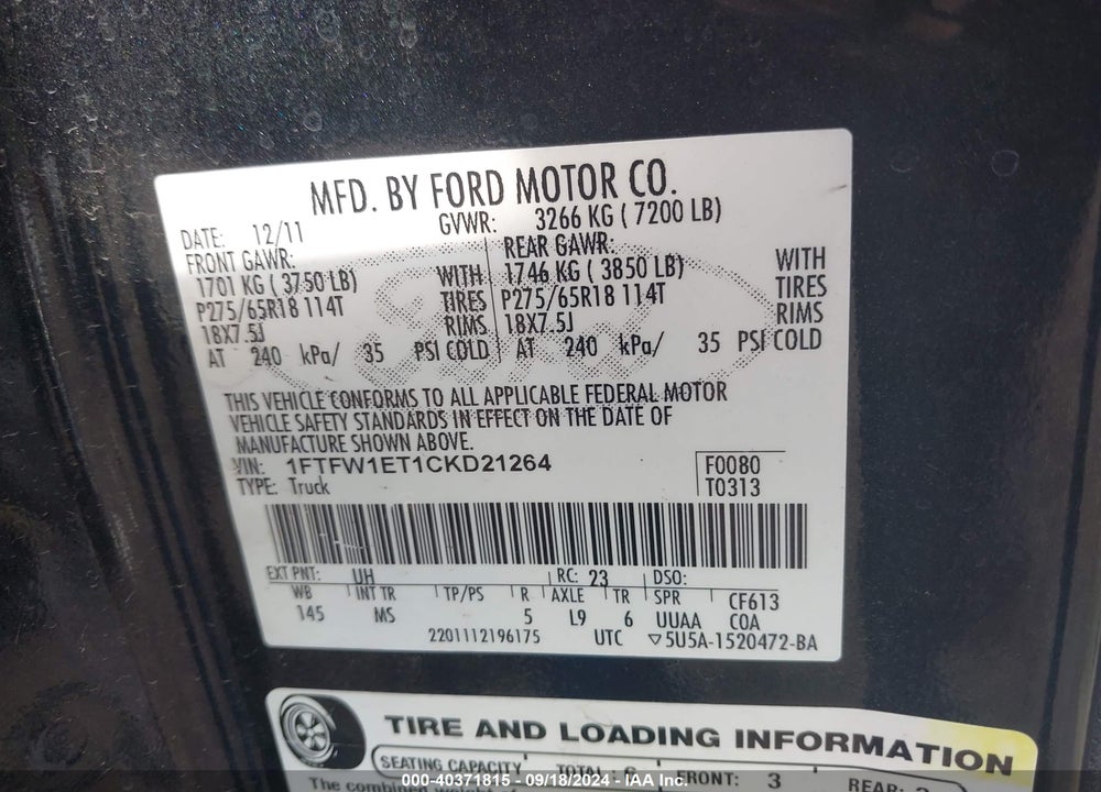 2012 FORD F-150 XLT VIN: 1FTFW1ET1CKD21264