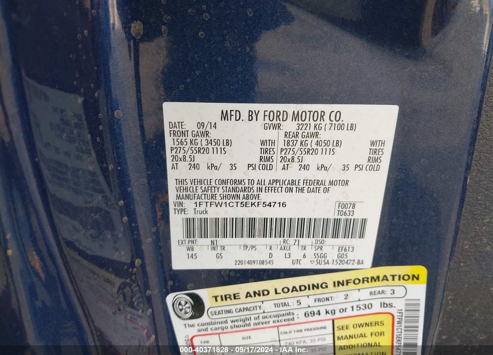 2014 FORD F-150 XLT VIN: 1FTFW1CT5EKF54716