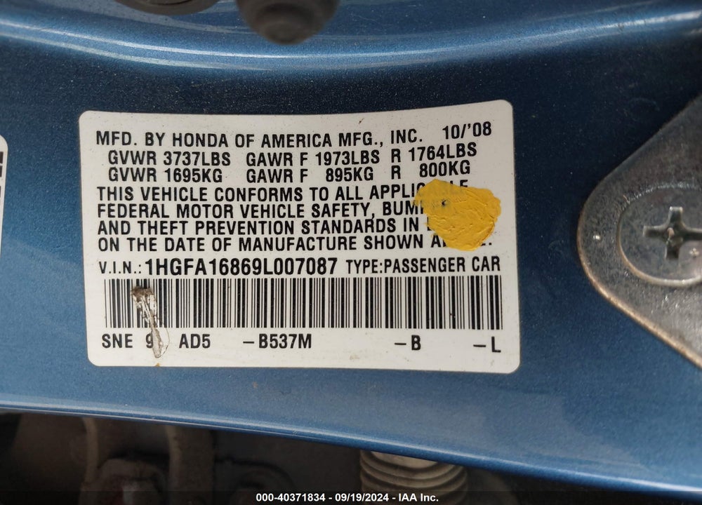 2009 HONDA CIVIC EX VIN: 1HGFA16869L007087