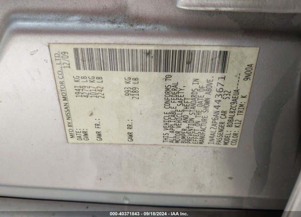 2010 NISSAN ALTIMA 2.5 S VIN: 1N4AL2AP6AN443671