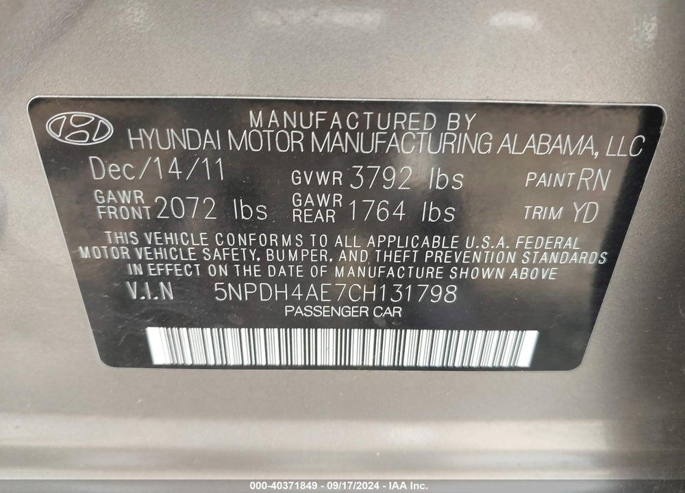 2012 HYUNDAI ELANTRA LIMITED VIN: 5NPDH4AE7CH131798