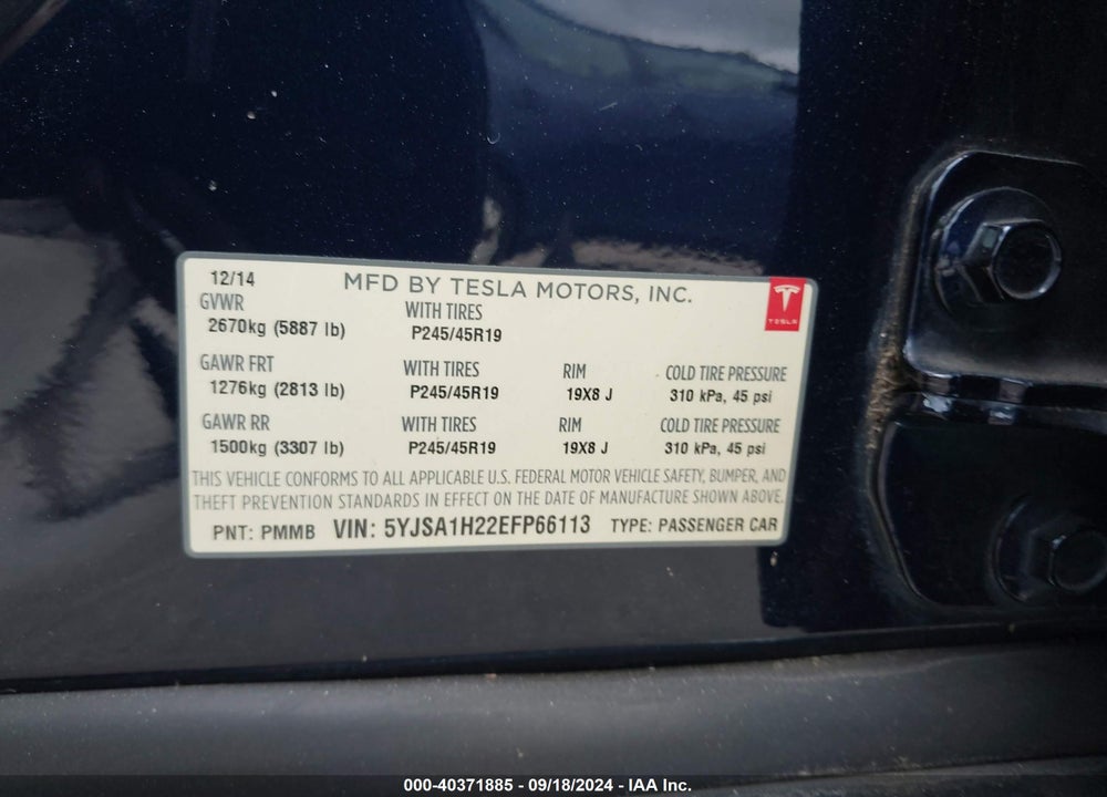 2014 TESLA MODEL S P85D VIN: 5YJSA1H22EFP66113