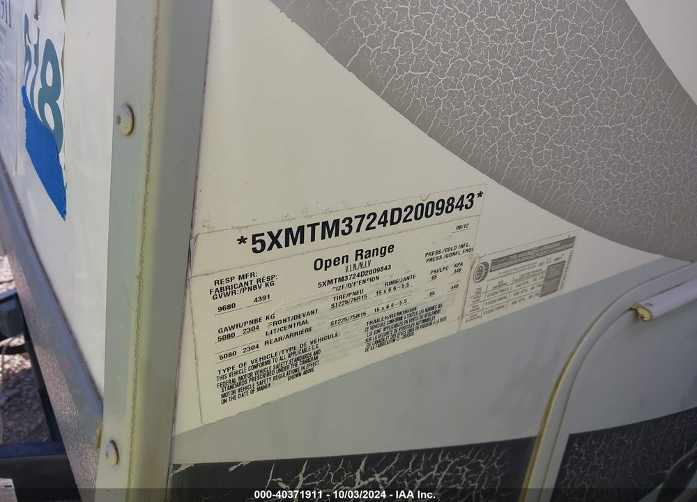 2013 OPEN RANGE OTHER VIN: 5XMTM3724D2009843