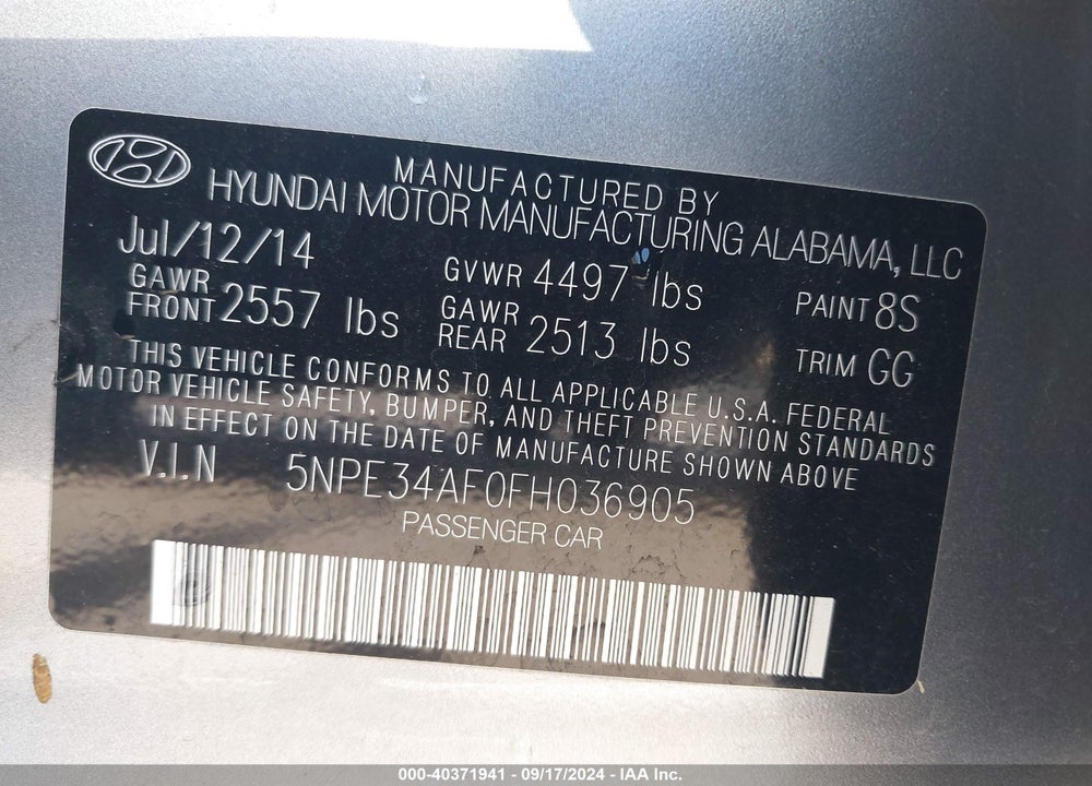 2015 HYUNDAI SONATA LIMITED/SPORT VIN: 5NPE34AF0F8036905