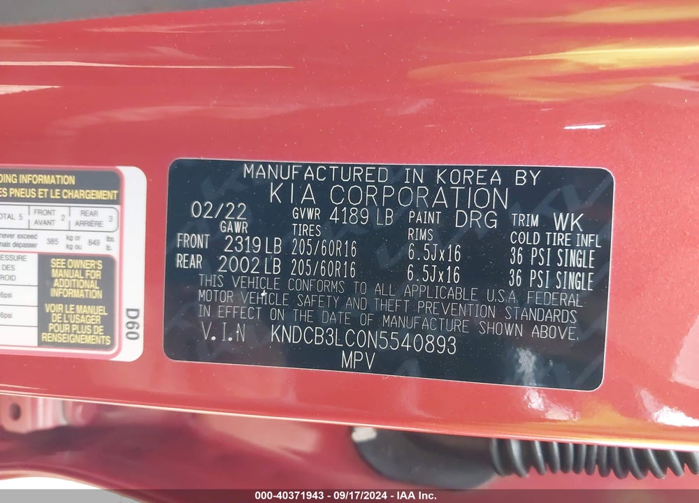 2022 KIA NIRO LXS SE VIN: KNDCB3LC0N5540893