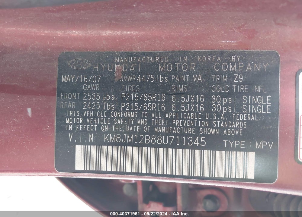 2008 HYUNDAI TUCSON GLS VIN: KM8JM12B88U711345