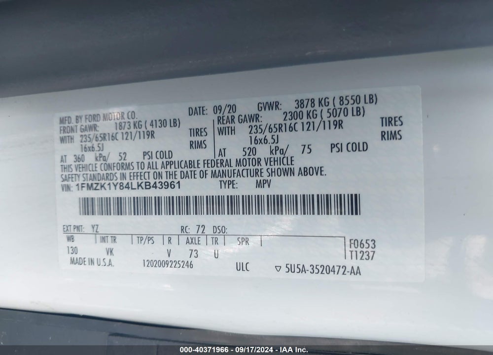 2020 FORD TRANSIT PASSENGER XL VIN: 1FMZK1Y84LKB43961
