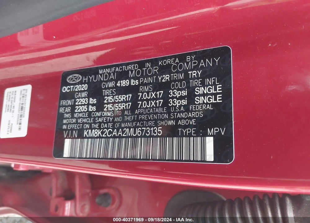 2021 HYUNDAI KONA SEL VIN: KM8K2CAA2MU673135