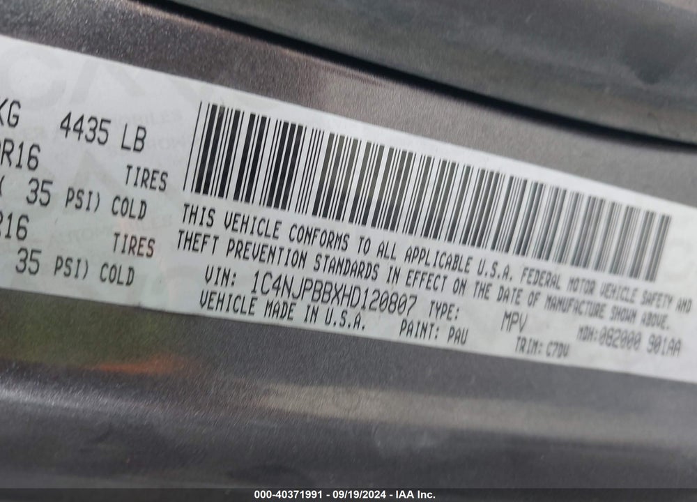2017 JEEP PATRIOT SPORT FWD VIN: 1C4NJPBBXHD120807