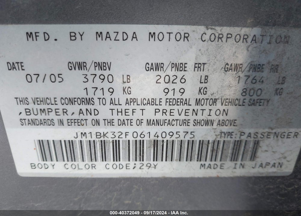 2006 MAZDA 3 I VIN: JM1BK32F061409575