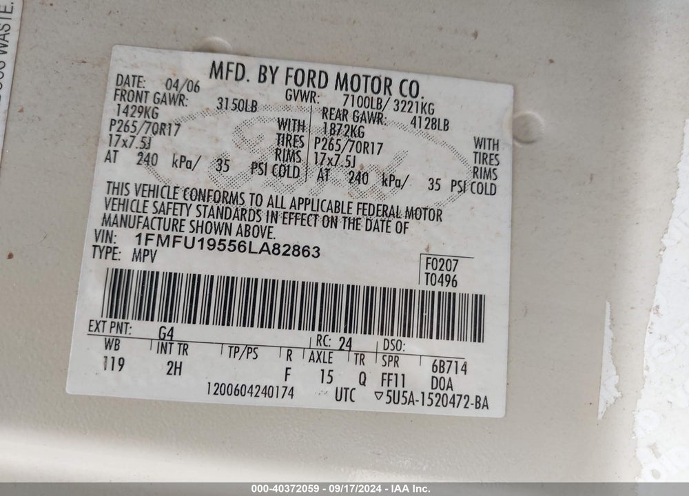 2006 FORD EXPEDITION LIMITED VIN: 1FMFU19556LA82863