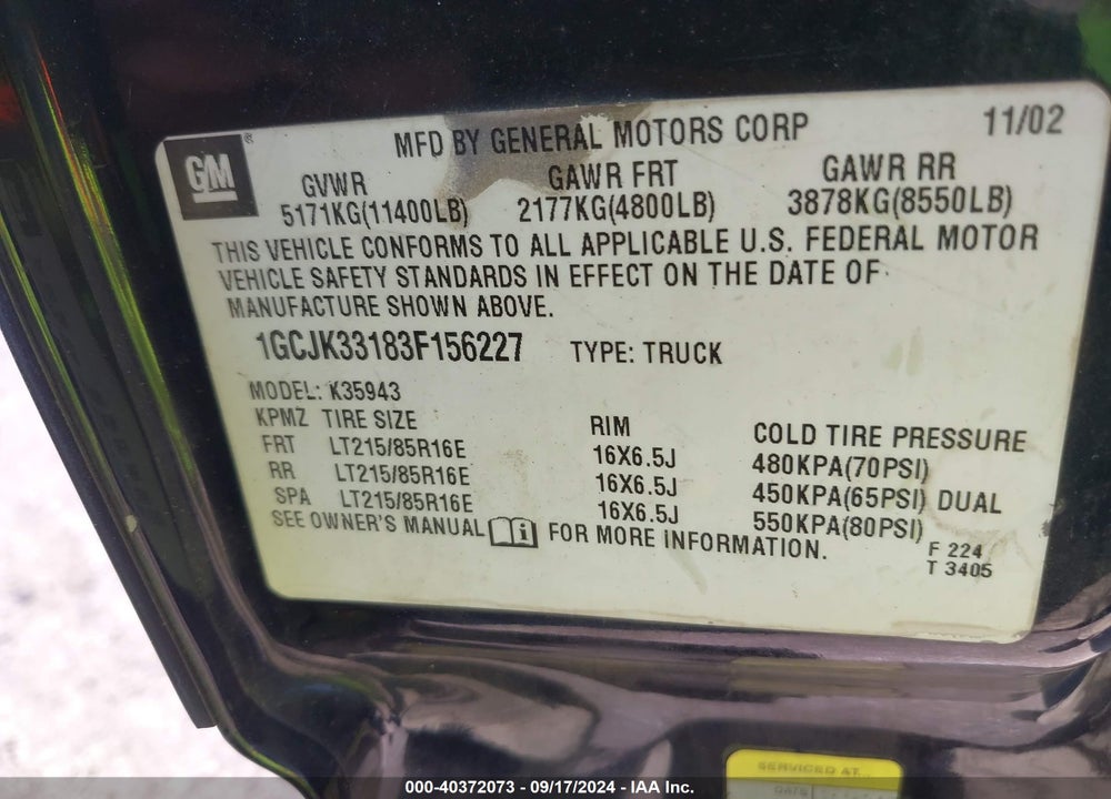 2003 CHEVROLET SILVERADO 3500 LT VIN: 1GCJK33183F156227