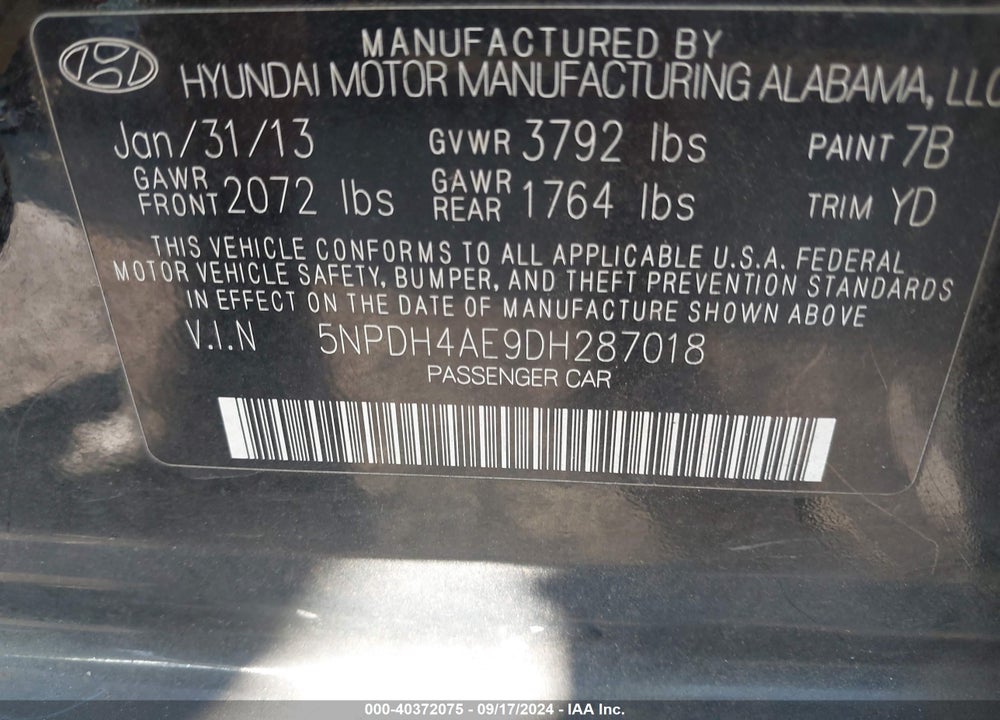 2013 HYUNDAI ELANTRA GLS VIN: 5NPDH4AE9DH287018