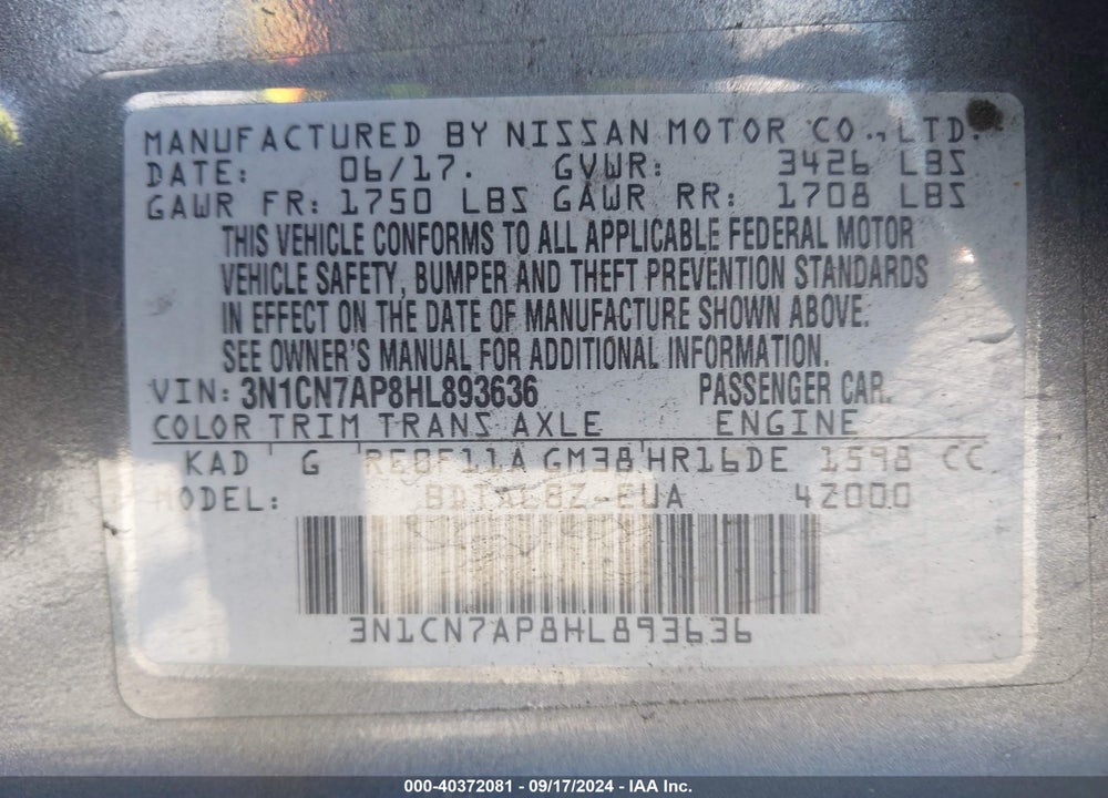 2017 NISSAN VERSA 1.6 SV VIN: 3N1CN7AP8HL893636