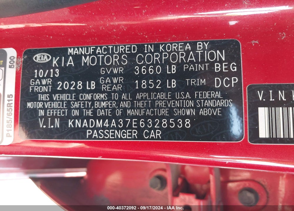 2014 KIA RIO LX VIN: KNADM4A37E6328538